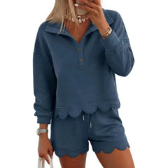 ⏰Hot Sale-Women Scalloped Hem Half Button Polo Two Piece Set