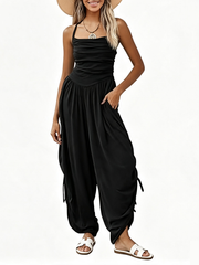 Women Halter Square Neck Sleeveless Ruched Barrel Wide Leg Side Cinch Jumpsuit