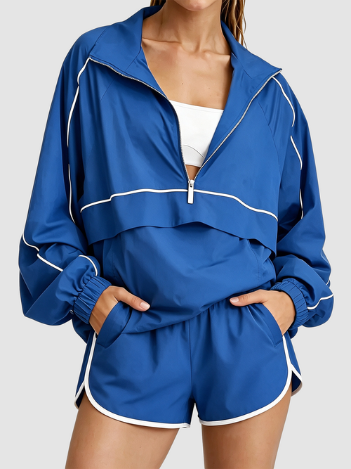 Women's Quarter Zip Loose-fitting Sports Jacket and Shorts Set
