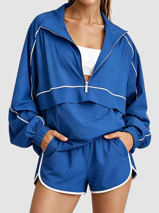 Women's Quarter Zip Loose-fitting Sports Jacket and Shorts Set
