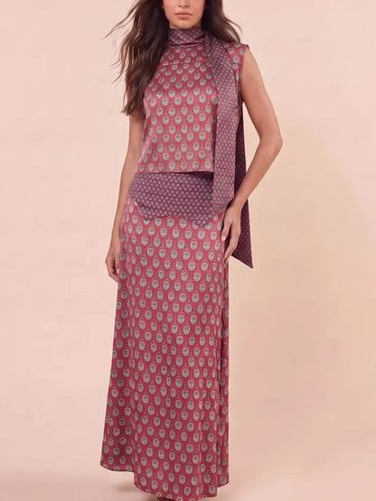 Women's Tie Neck Satin Print 2 Piece Set
