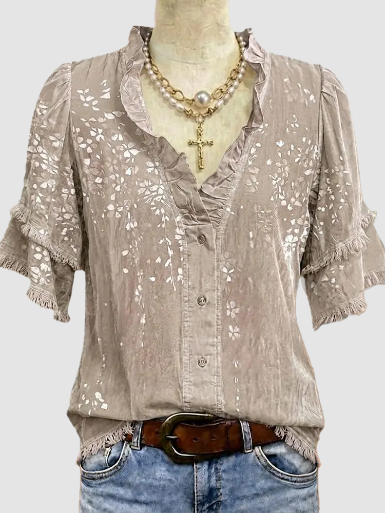 Ruffle V-Neck Floral Fringe Sleeve Vintage Loose Blouse