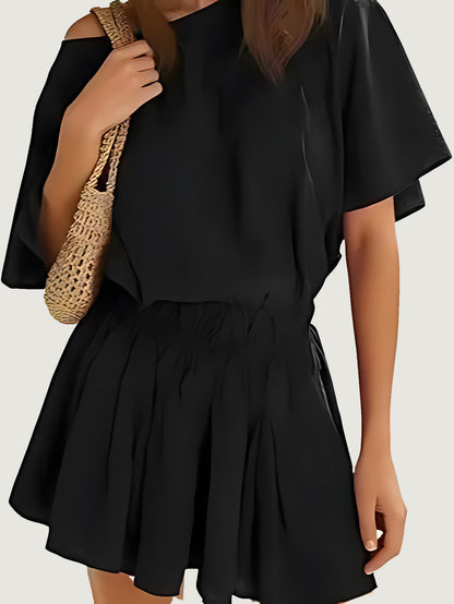 Women Off Shoulder Batwing Sleeve Cinched Waist Ruffle A Line Mini Dress