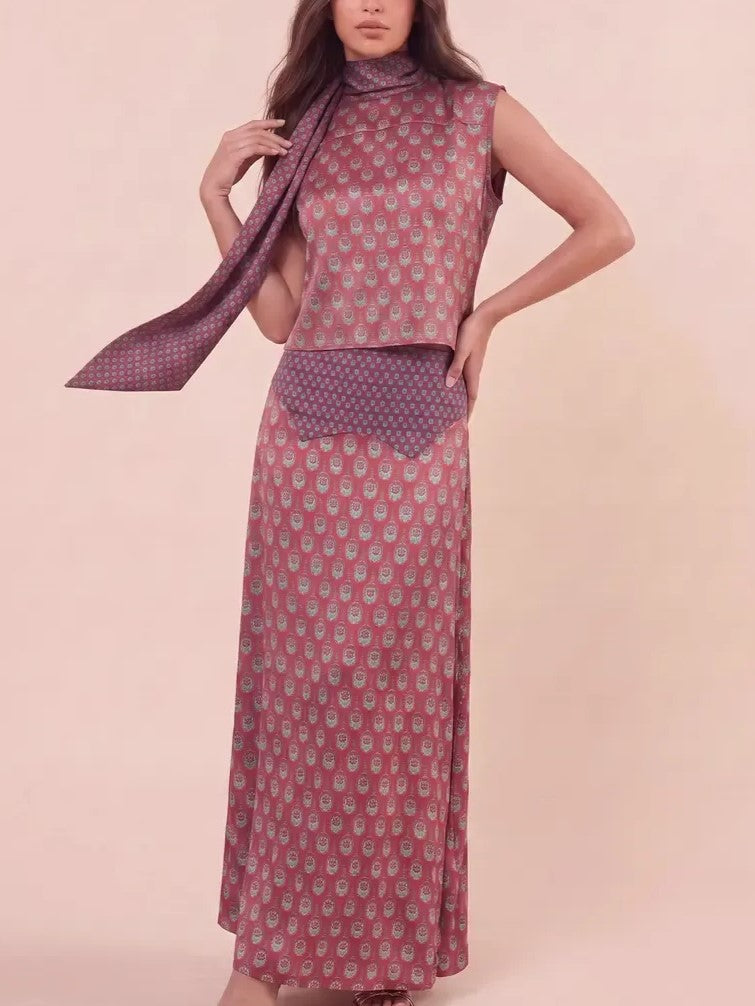 Women's Tie Neck Satin Print 2 Piece Set
