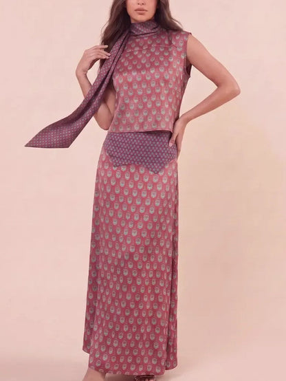 Women's Tie Neck Satin Print 2 Piece Set