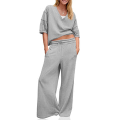 Womens 2 Piece Outfits Casual V Neck Shirts Wide Leg