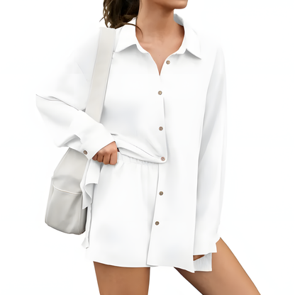 Womens Shirt & Shorts Set 2-in-1 Button Connected Oversized Long Sleeve Button