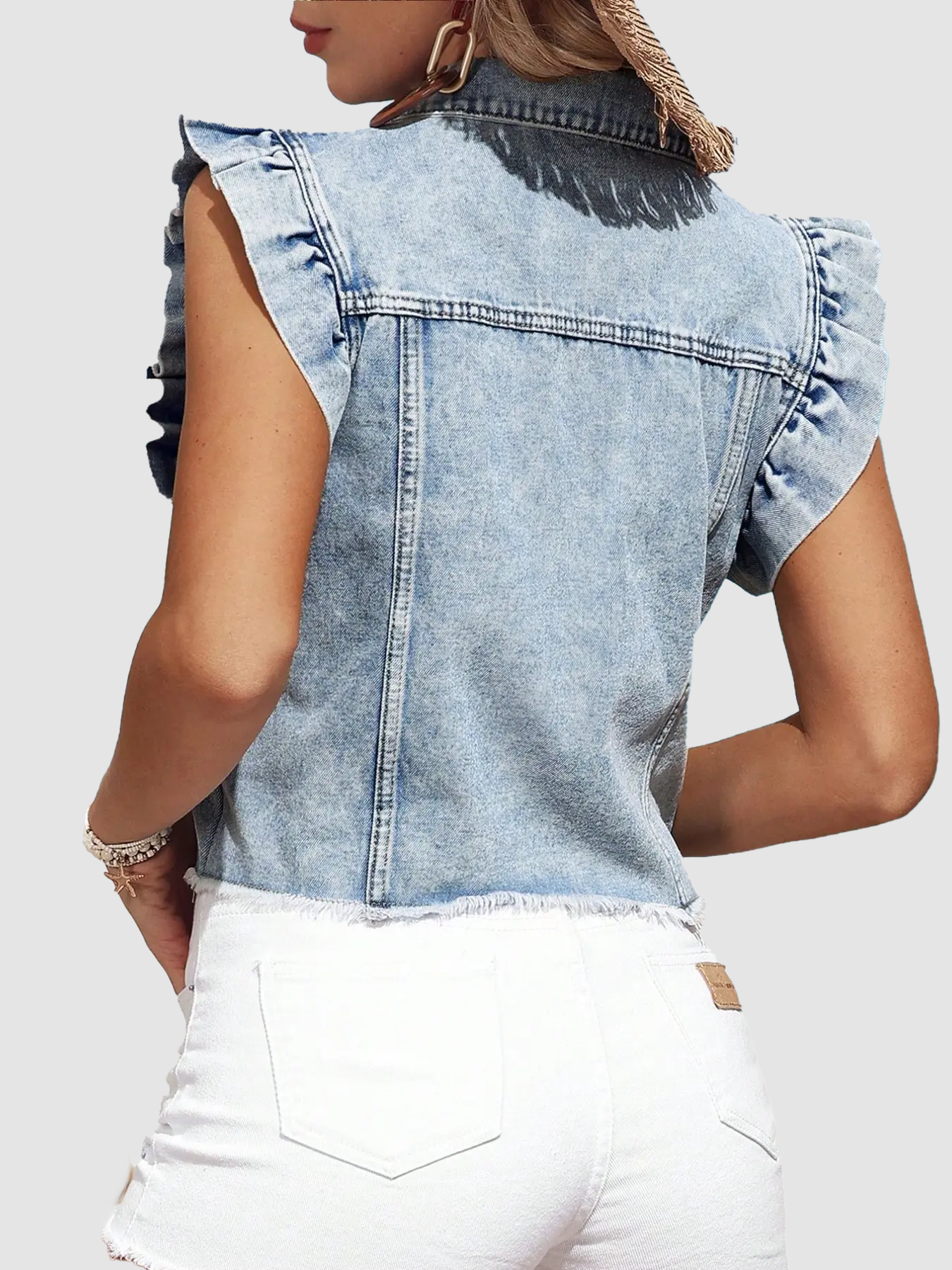 Women Ruffle Sleeveless Denim Vest
