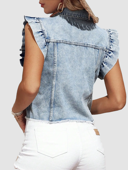 Women Ruffle Sleeveless Denim Vest