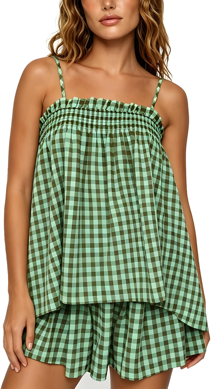 🥰Women's Sleeveless Plaid Cami Tank Tops Wide Leg Shorts Sets