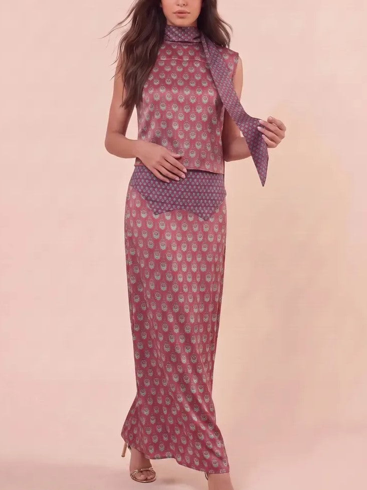 Women's Tie Neck Satin Print 2 Piece Set