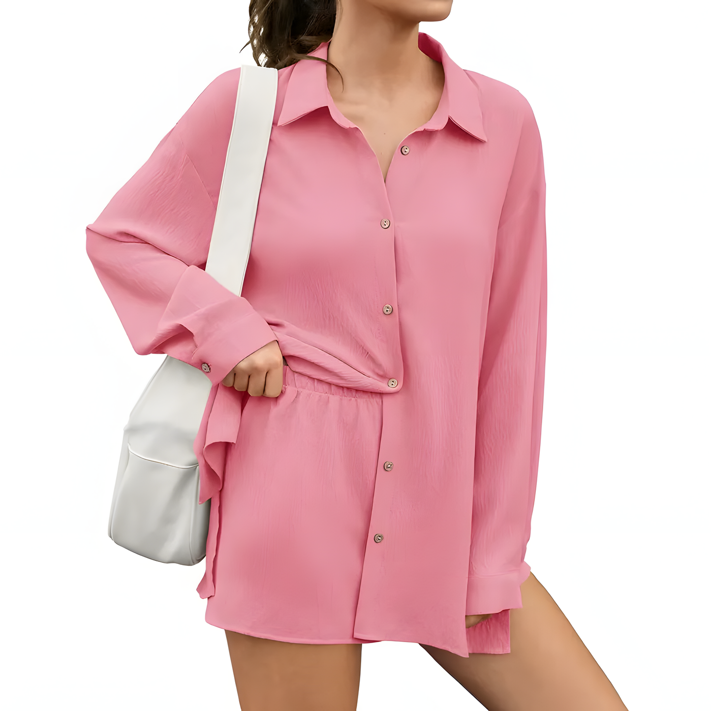 Womens Shirt & Shorts Set 2-in-1 Button Connected Oversized Long Sleeve Button