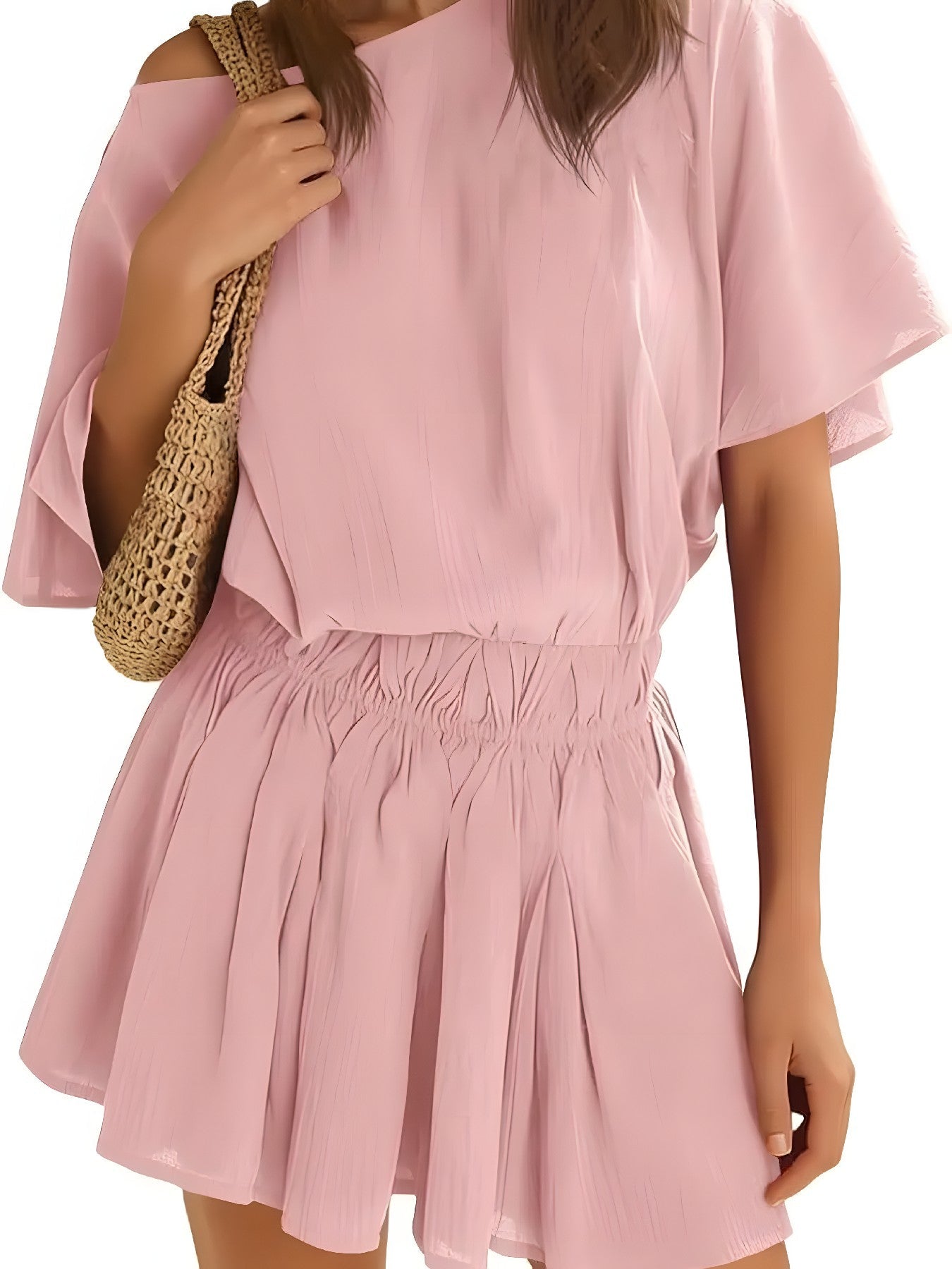 Women Off Shoulder Batwing Sleeve Cinched Waist Ruffle A Line Mini Dress