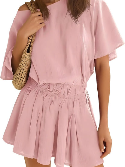 Women Off Shoulder Batwing Sleeve Cinched Waist Ruffle A Line Mini Dress