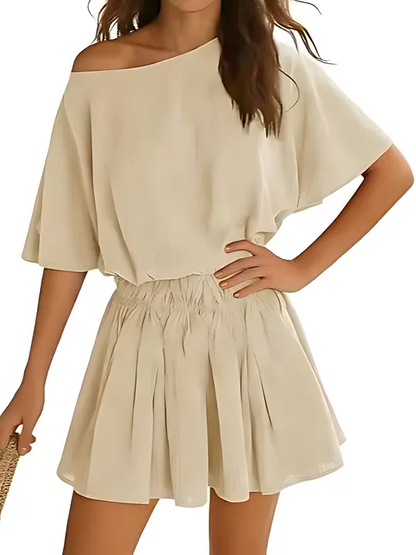 Women Off Shoulder Batwing Sleeve Cinched Waist Ruffle A Line Mini Dress
