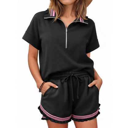 ⏰Hot Sale-Women's Half-Zip Ruffle Trim Loungewear Set
