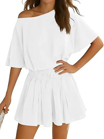 Women Off Shoulder Batwing Sleeve Cinched Waist Ruffle A Line Mini Dress