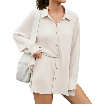 Womens Shirt & Shorts Set 2-in-1 Button Connected Oversized Long Sleeve Button
