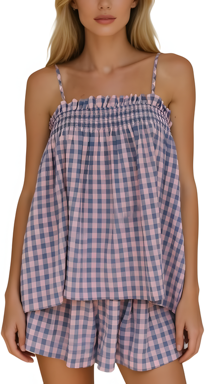 🥰Women's Sleeveless Plaid Cami Tank Tops Wide Leg Shorts Sets