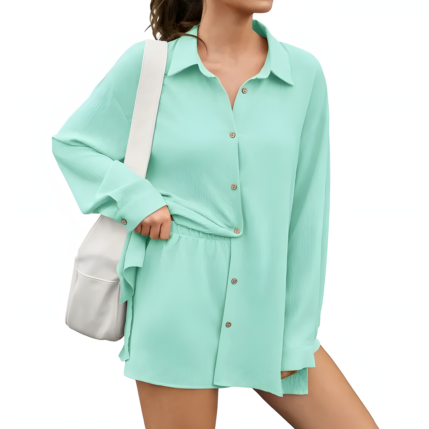 Womens Shirt & Shorts Set 2-in-1 Button Connected Oversized Long Sleeve Button