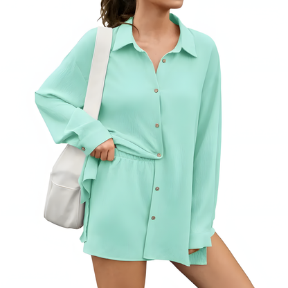 Womens Shirt & Shorts Set 2-in-1 Button Connected Oversized Long Sleeve Button