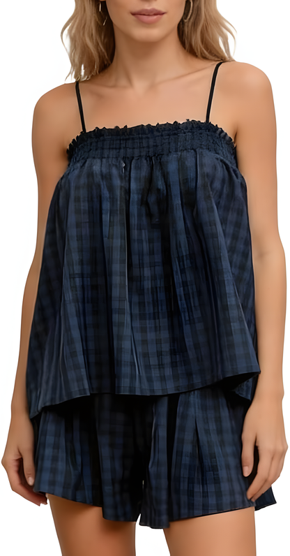 🥰Women's Sleeveless Plaid Cami Tank Tops Wide Leg Shorts Sets