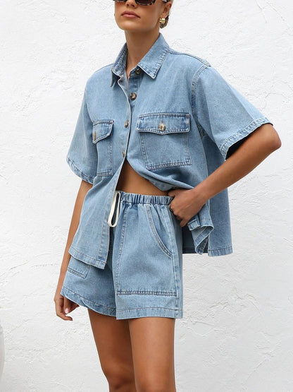 Women's wash denim shirt & shorts two-piece set