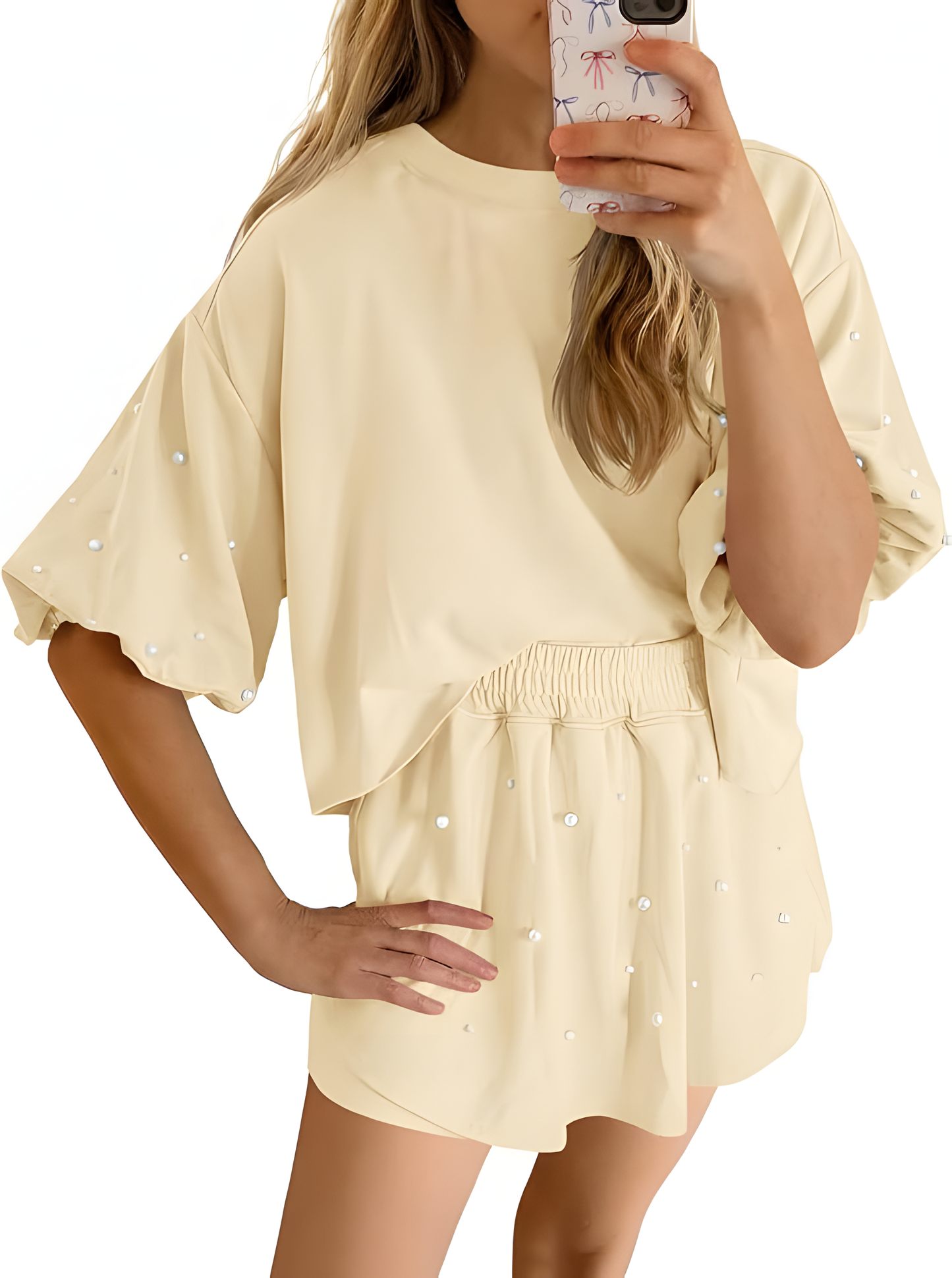 Women Pearl Puff Sleeve Top & Skort 2 Piece Summer Lounge Set