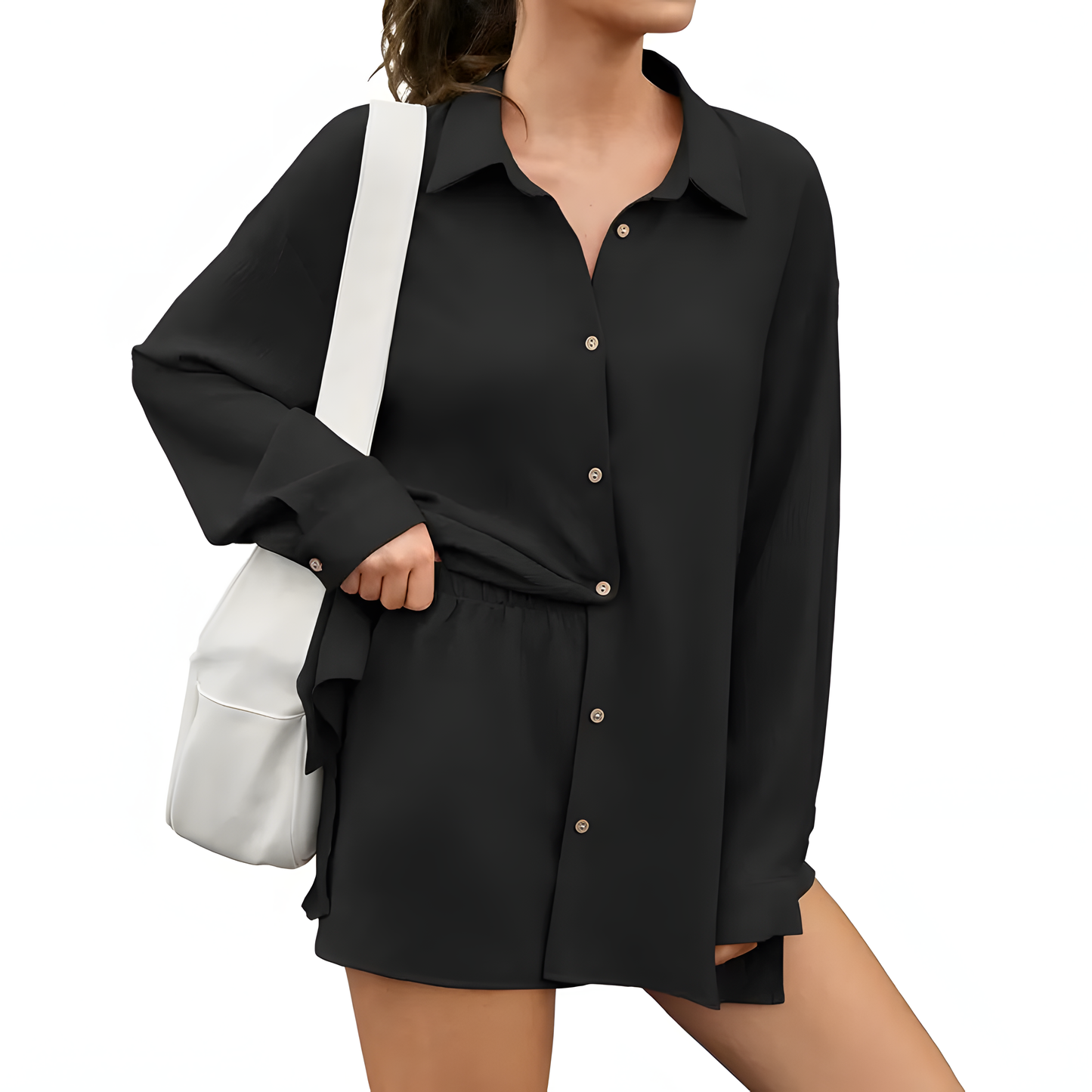 Womens Shirt & Shorts Set 2-in-1 Button Connected Oversized Long Sleeve Button