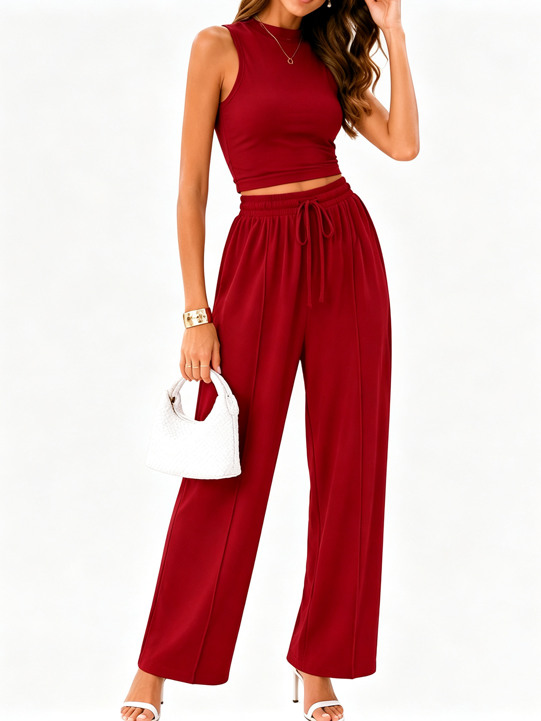 Women's Sleeveless Crop Tank & Wide Leg Pants Casual Summer 2-Piece Set