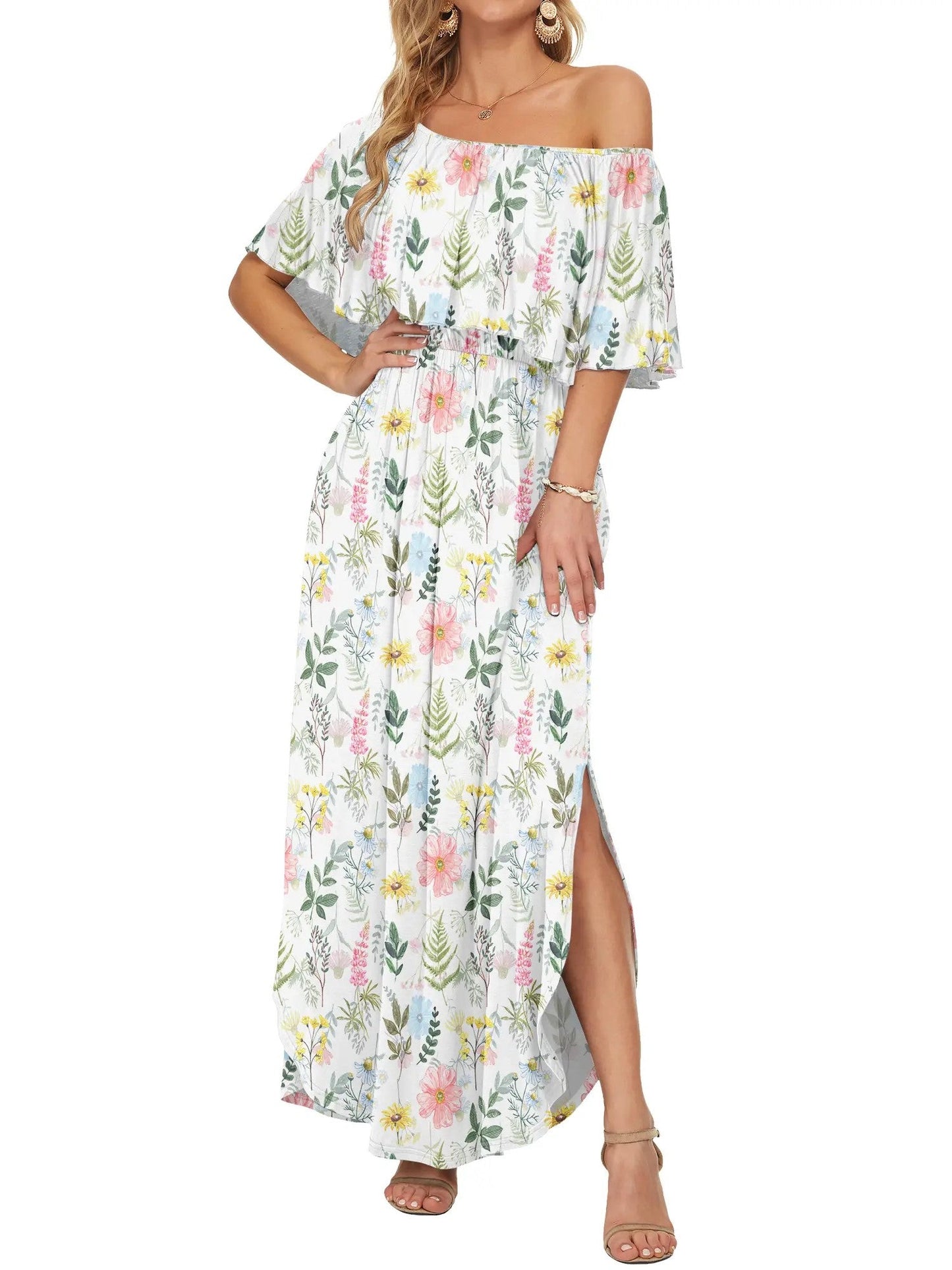 ⏰Hot Sale-Women's Off Shoulder Ruffle Short Sleeve Side Split Maxi Dresses with Pockets