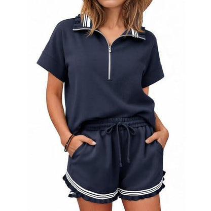 ⏰Hot Sale-Women's Half-Zip Ruffle Trim Loungewear Set