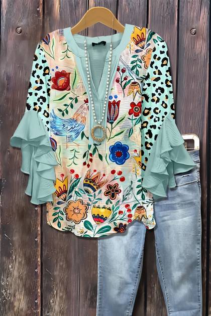 Women's Mixed Floral Print Ruffle Bell Sleeve Top
