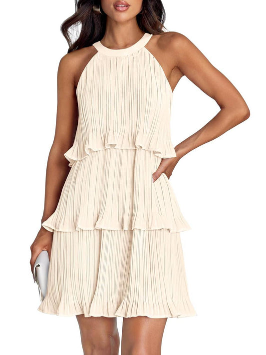 ⏰Hot Sale-Women's Summer Halter Sleeveless Ruffle Tiered Layered Chiffon Pleated Mini Dresses