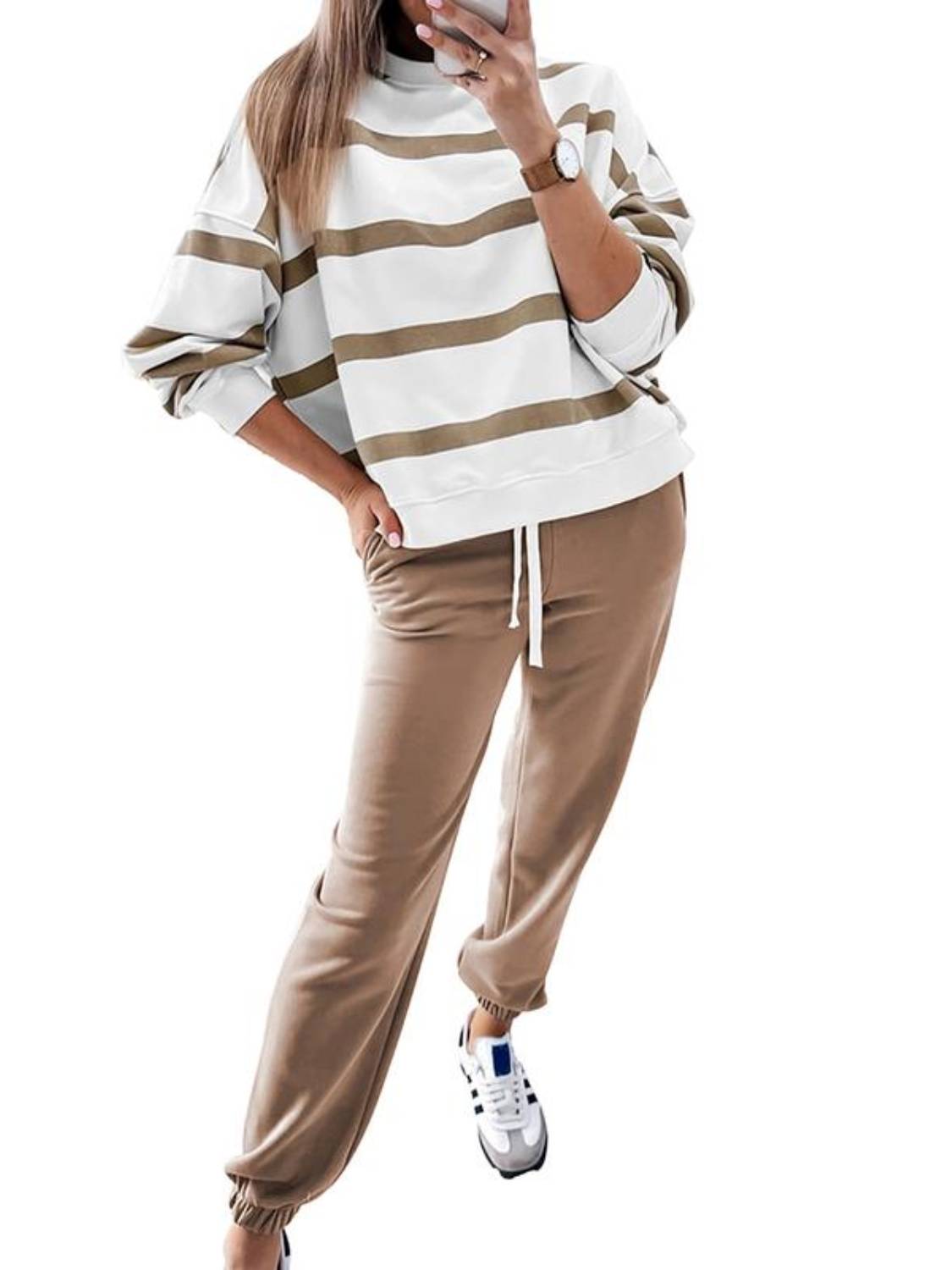 ⏰Hot Sale-Women's Striped Long Sleeve Drop Shoulder Tops & Jogger Pants 2 Piece Sets