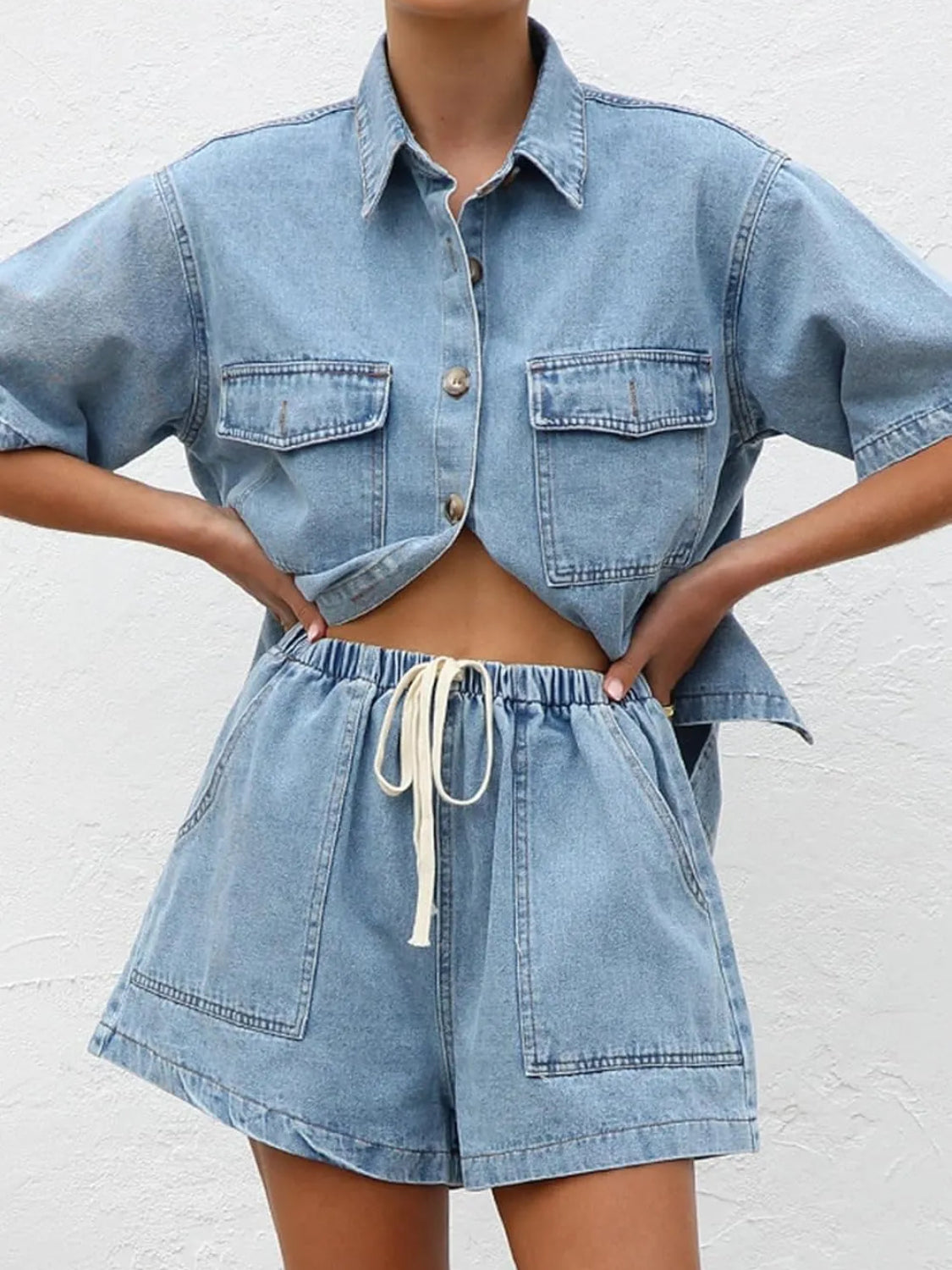 WOMEN'S WASH DENIM SHIRT & SHORTS TWO-PIECE SET