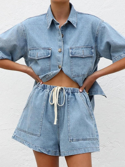 WOMEN'S WASH DENIM SHIRT & SHORTS TWO-PIECE SET