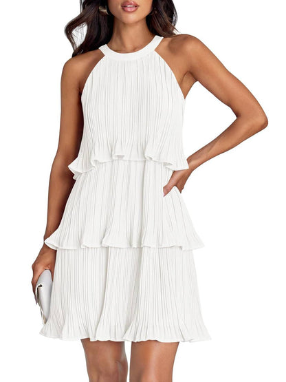 ⏰Hot Sale-Women's Summer Halter Sleeveless Ruffle Tiered Layered Chiffon Pleated Mini Dresses