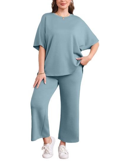 ⏰Hot Sale-Women Oversized Tshirt and Wide Leg Crop Pants 2 Piece Sets