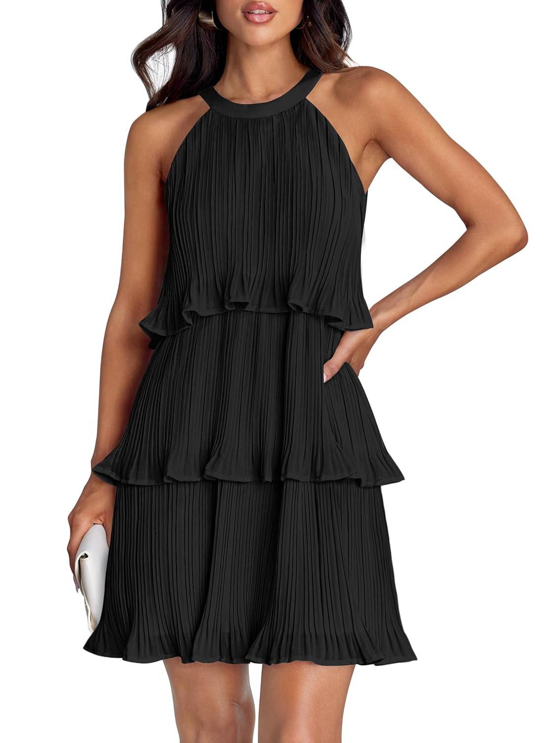 ⏰Hot Sale-Women's Summer Halter Sleeveless Ruffle Tiered Layered Chiffon Pleated Mini Dresses