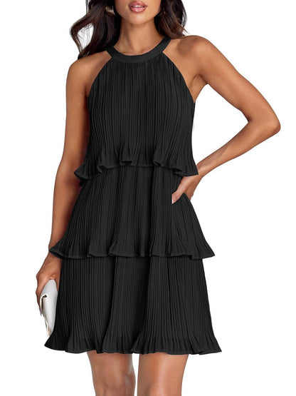⏰Hot Sale-Women's Summer Halter Sleeveless Ruffle Tiered Layered Chiffon Pleated Mini Dresses
