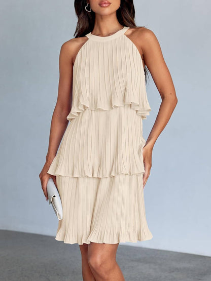 ⏰Hot Sale-Women's Summer Halter Sleeveless Ruffle Tiered Layered Chiffon Pleated Mini Dresses