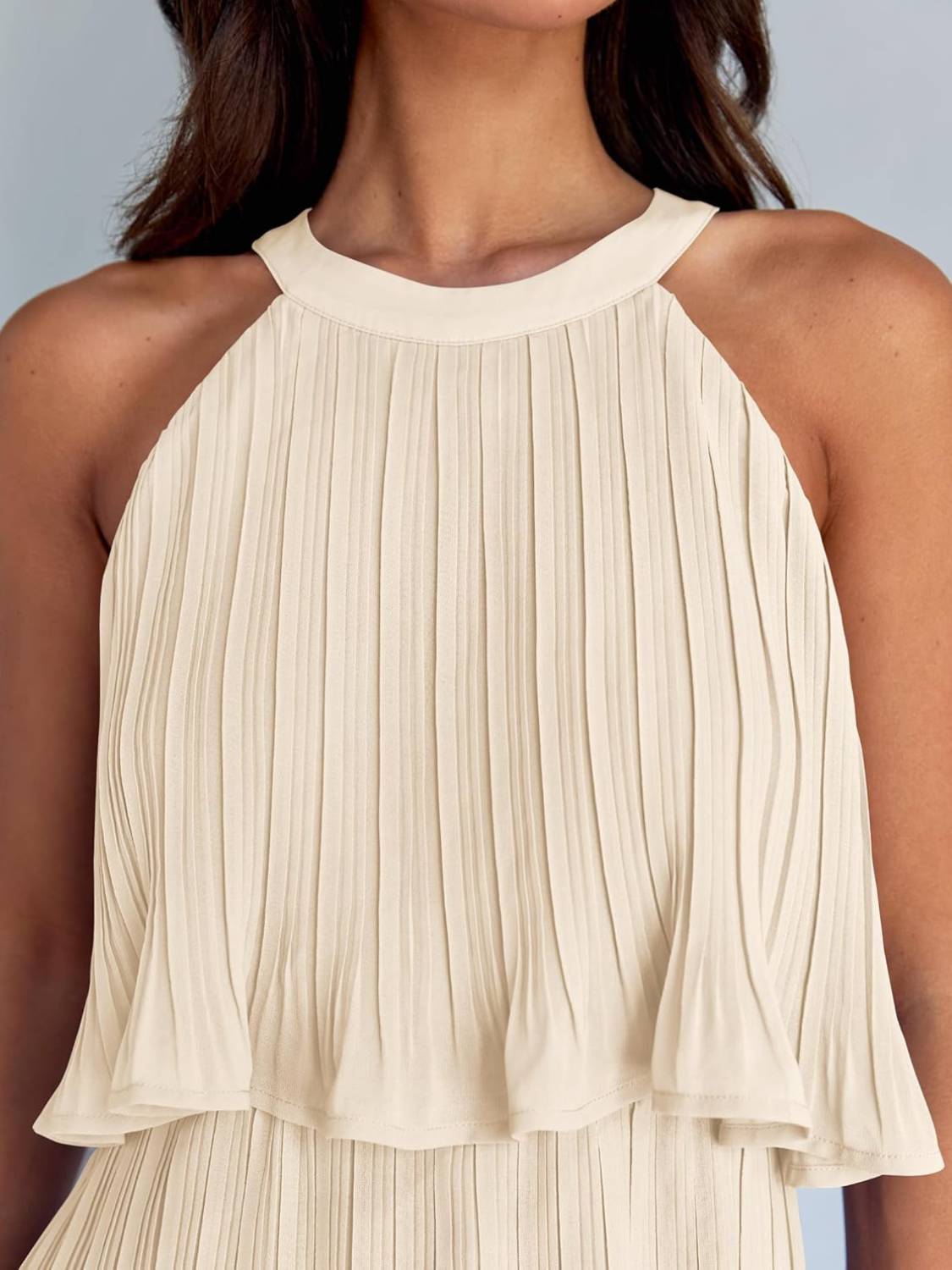 ⏰Hot Sale-Women's Summer Halter Sleeveless Ruffle Tiered Layered Chiffon Pleated Mini Dresses