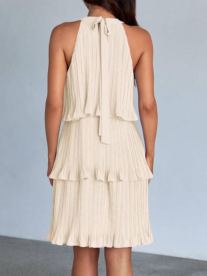 ⏰Hot Sale-Women's Summer Halter Sleeveless Ruffle Tiered Layered Chiffon Pleated Mini Dresses