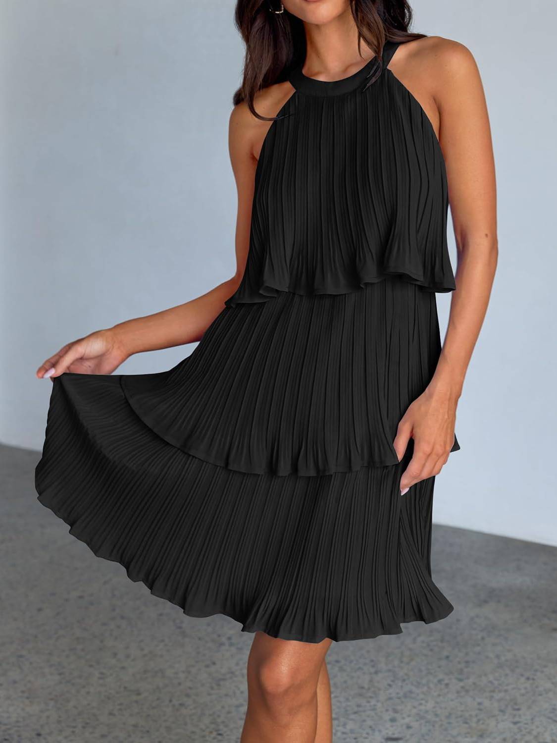 ⏰Hot Sale-Women's Summer Halter Sleeveless Ruffle Tiered Layered Chiffon Pleated Mini Dresses