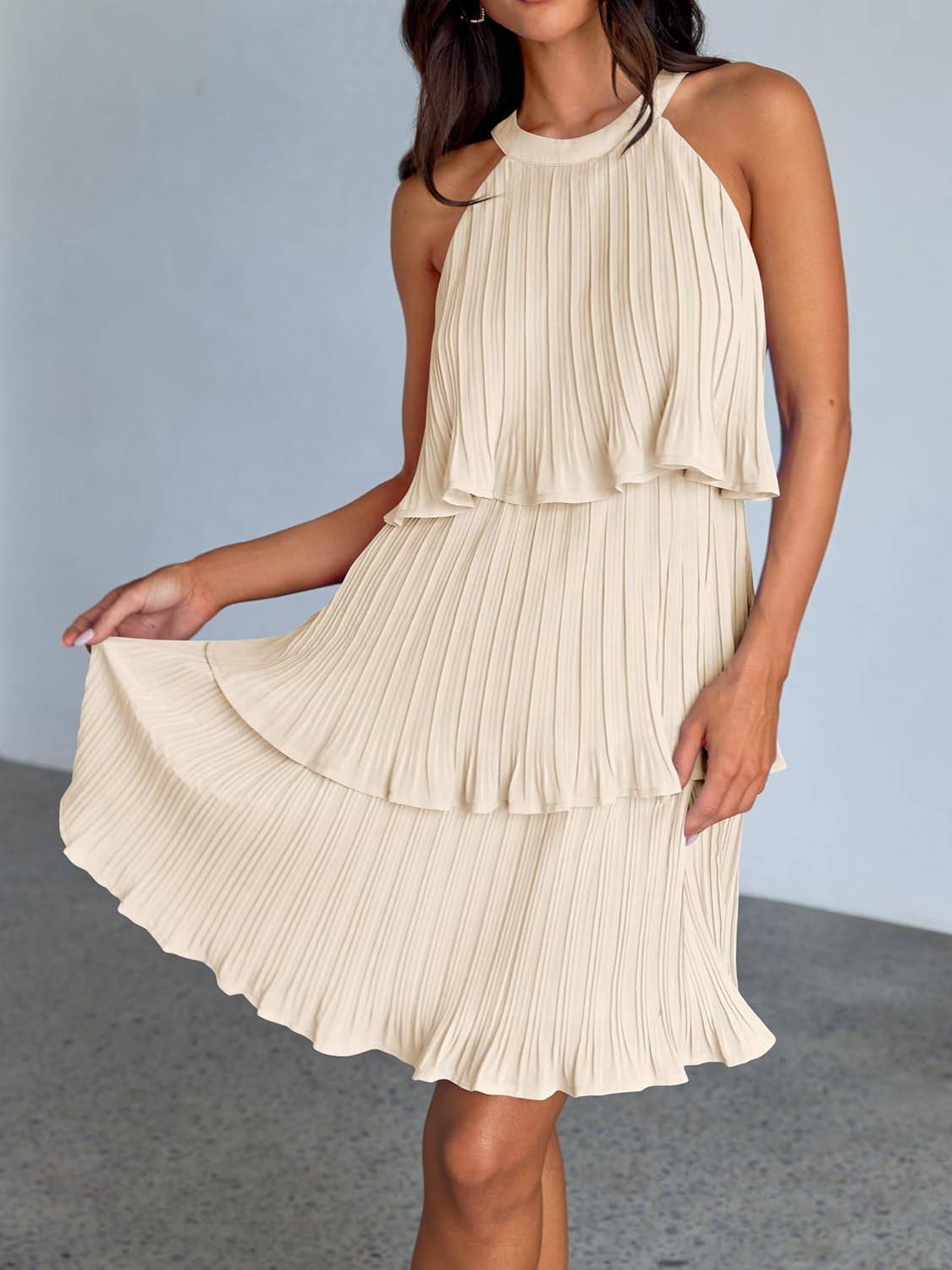 ⏰Hot Sale-Women's Summer Halter Sleeveless Ruffle Tiered Layered Chiffon Pleated Mini Dresses