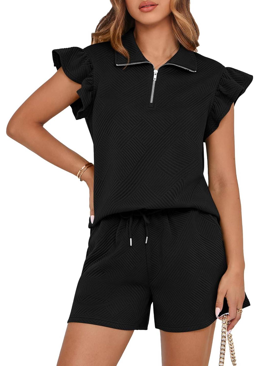 ✨2025 New Women's Zipper V Neck Casual Ruffle Short Sleeve Tops and Drawstring Shorts 2 Piece Outfits