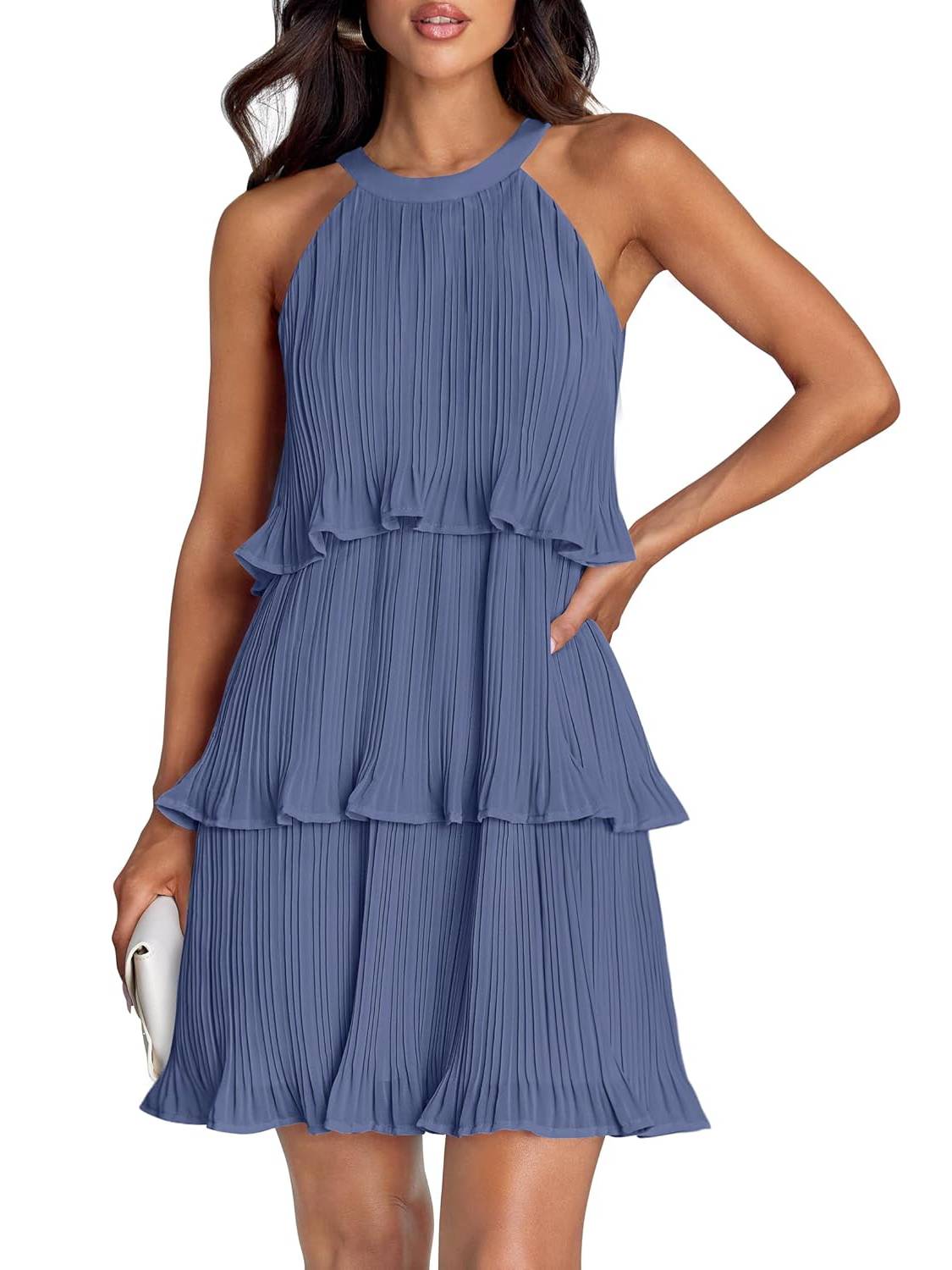 ⏰Hot Sale-Women's Summer Halter Sleeveless Ruffle Tiered Layered Chiffon Pleated Mini Dresses