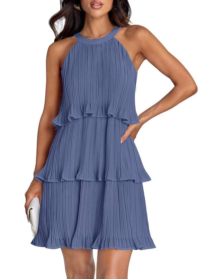 ⏰Hot Sale-Women's Summer Halter Sleeveless Ruffle Tiered Layered Chiffon Pleated Mini Dresses