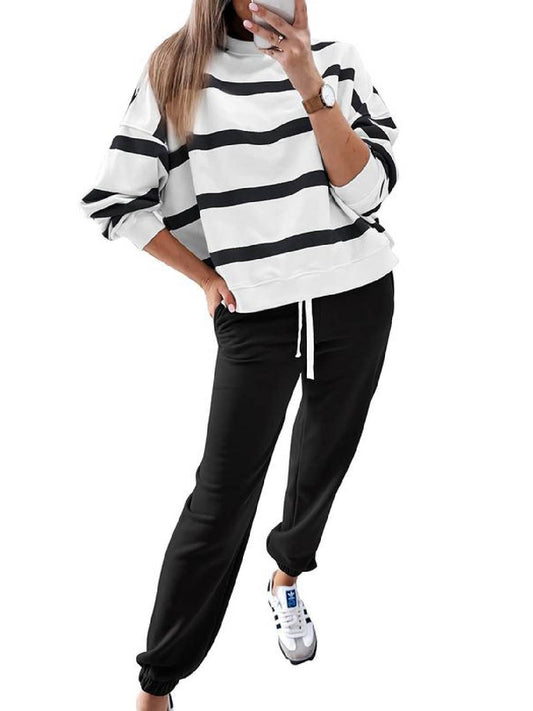 ⏰Hot Sale-Women's Striped Long Sleeve Drop Shoulder Tops & Jogger Pants 2 Piece Sets